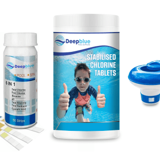 Deep Blue Pro - Mini 20g STABILISED Chlorine Tablets 1kg WITH Floating dispenser and Test strips