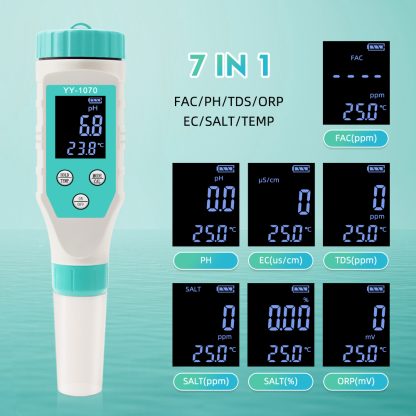 7-in-1 Digital Water Quality Tester with pH, Chlorine, Salinity, ORP, EC, FAC and Temperature Measurements - Image 13