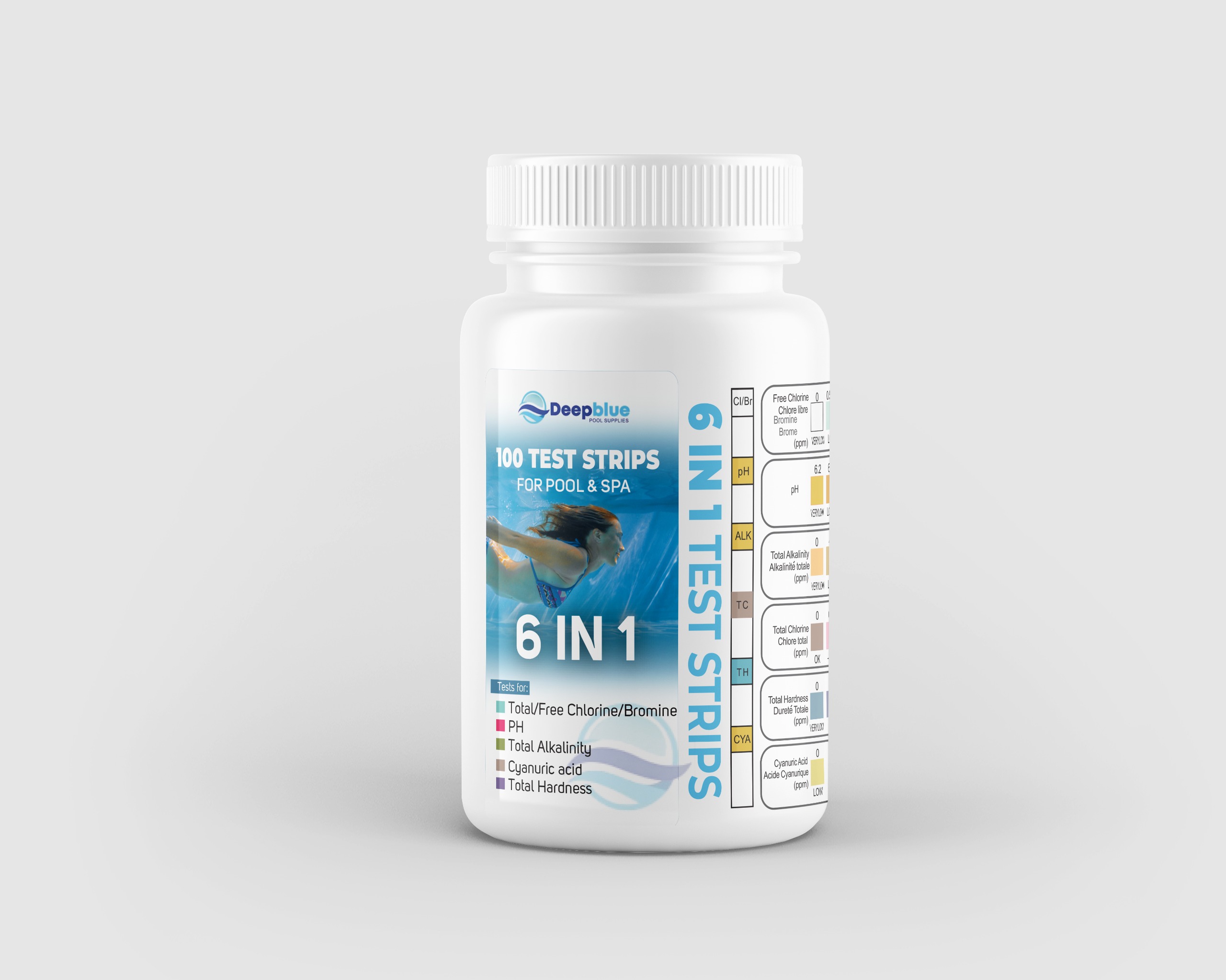 Deep Blue Strip-Ease 100x Test Strips in box for pool and hot tub testing with Free analysis app. Test for Chlorine, Bromine, PH, TA- Alkalinity, Hardness, Cyanuric - 10x 3 Way Chlorine
